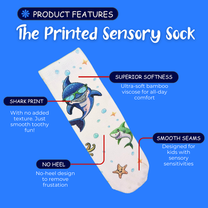 Seamless Feel Printed Sensory Socks Shark (Pack of 5)
